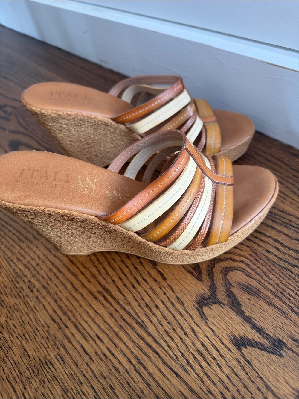 Italian Shoemakers Tan and Cream Multi-Striped Cork Wedge Sandals
